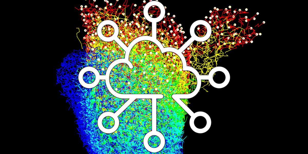 Cloud icon with connecting nodes on top of a rainbow colored network of lines