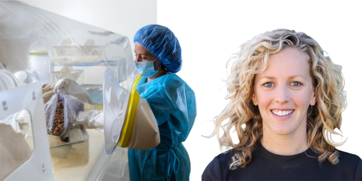 Jennifer Hill headshot to the right of a person in PPE working in an animal isolation unit