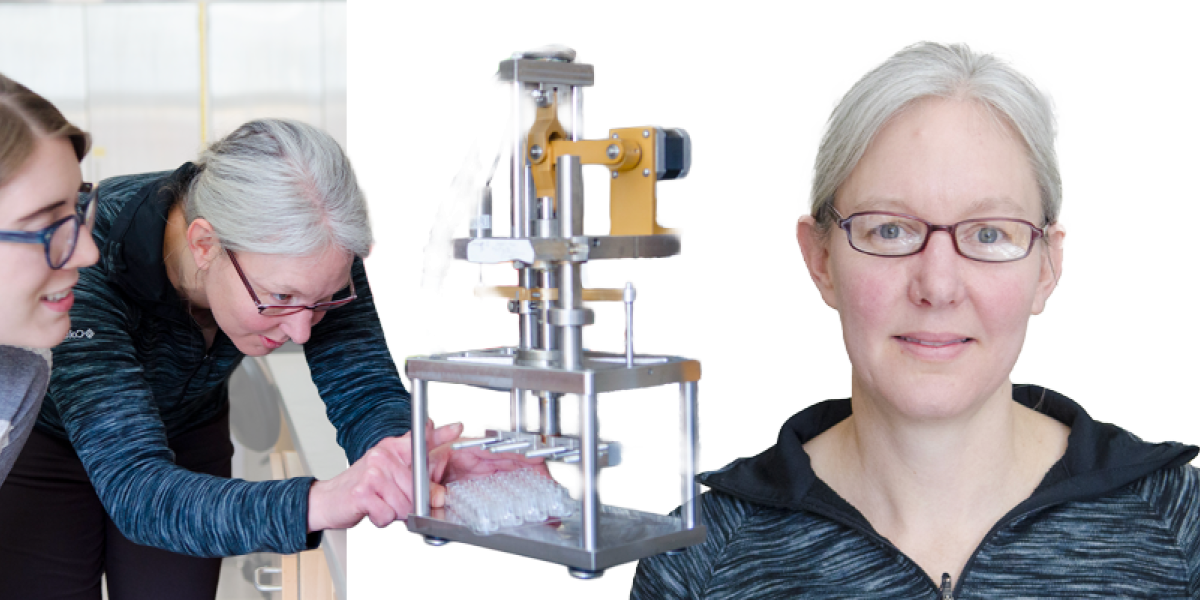 Stephanie Bryant headshot to the right of two scientists manipulating a scientific instrument