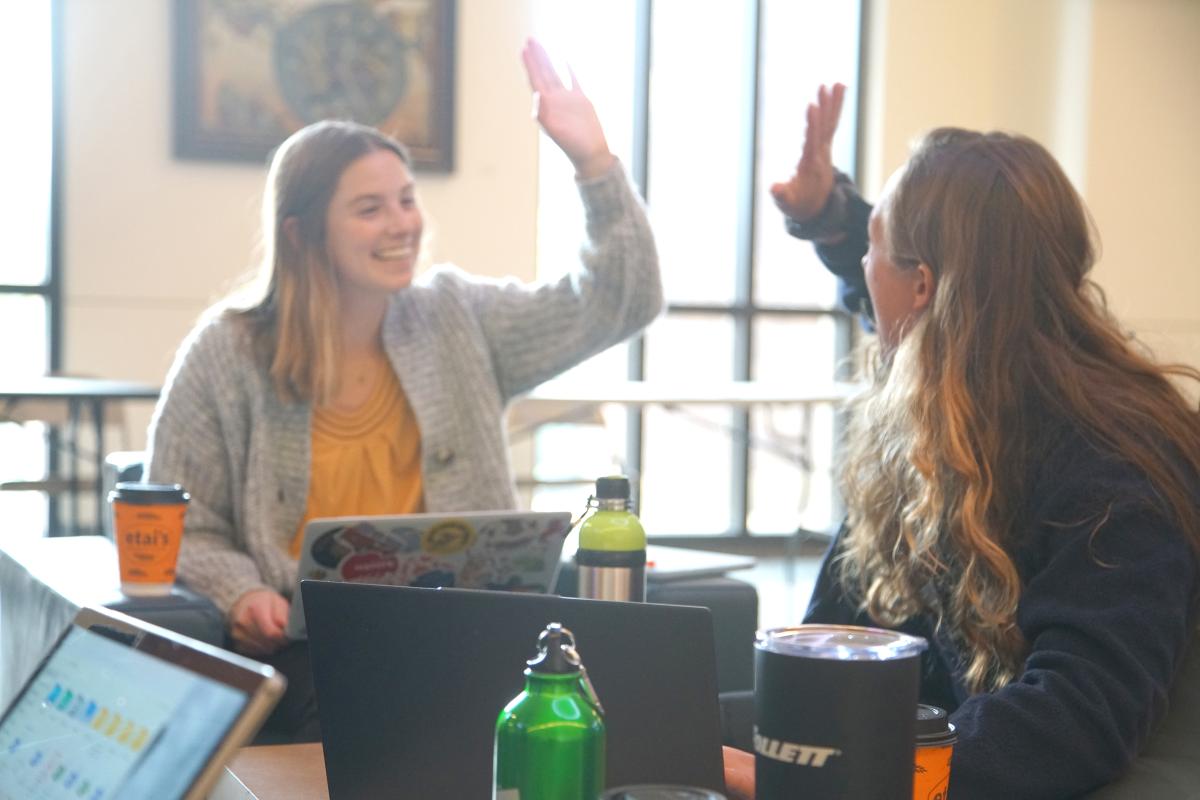 Students working on computers giving a high five
