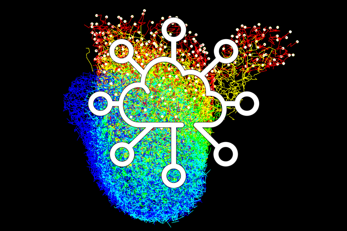 Rainbow colored network with cloud icon overlayed