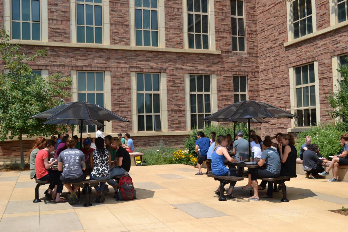 Groups of people eating at outdoor tables