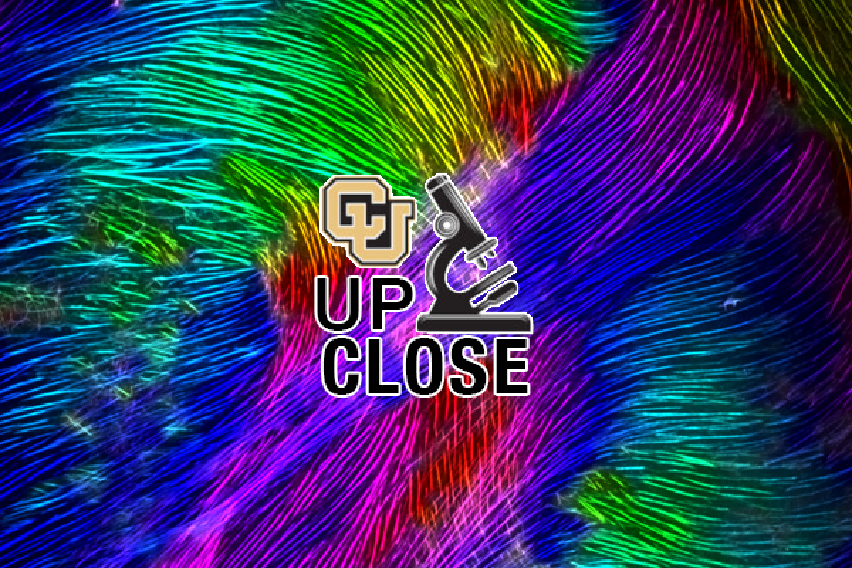The words CU Up Close and a microscope icon on a field of swirling rainbow colored filaments