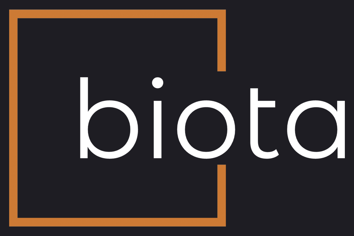 Charcoal background with an orange square and the word "biota" in white