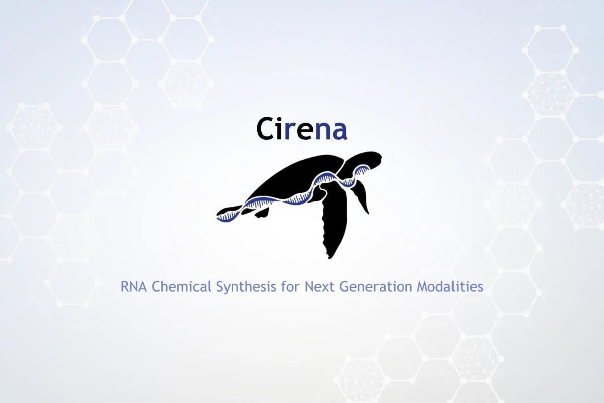 The word "Cirena" above a sea turtle silhouette with an RNA strand overlayed and the tagline "RNA Chemical Synthesis for Next Generation Modalities"