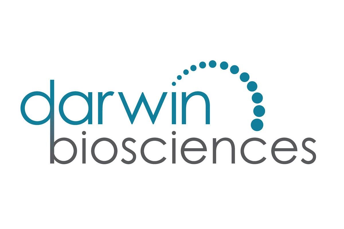 The words "darwin biosciences" with a cascading arc of teal dots