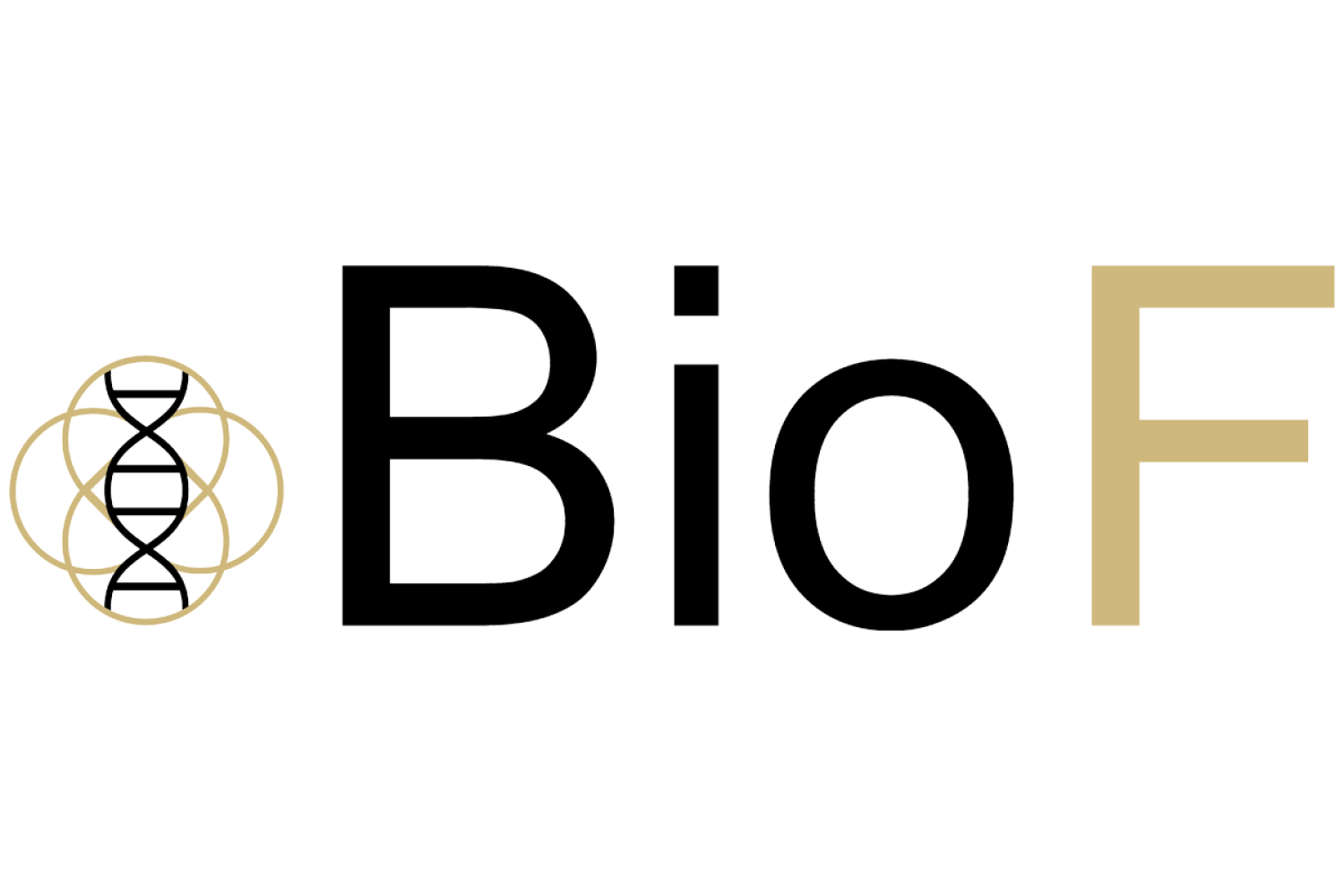 A black DNA double helix overlayed on interlocking gold circles with the letters BioF