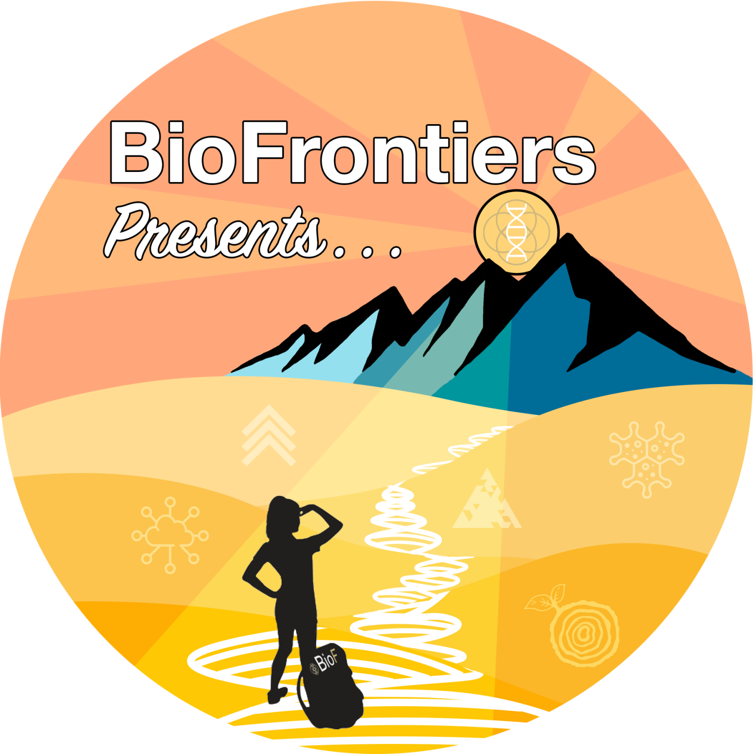 Graphic with mountains, a hiker, and a sun
