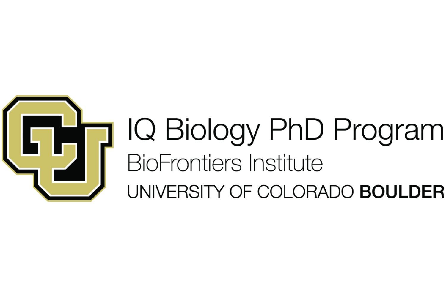 The CU black and gold lockup with the words IQ Biology PhD Program BioFrontiers Institute University of Colorado Boulder