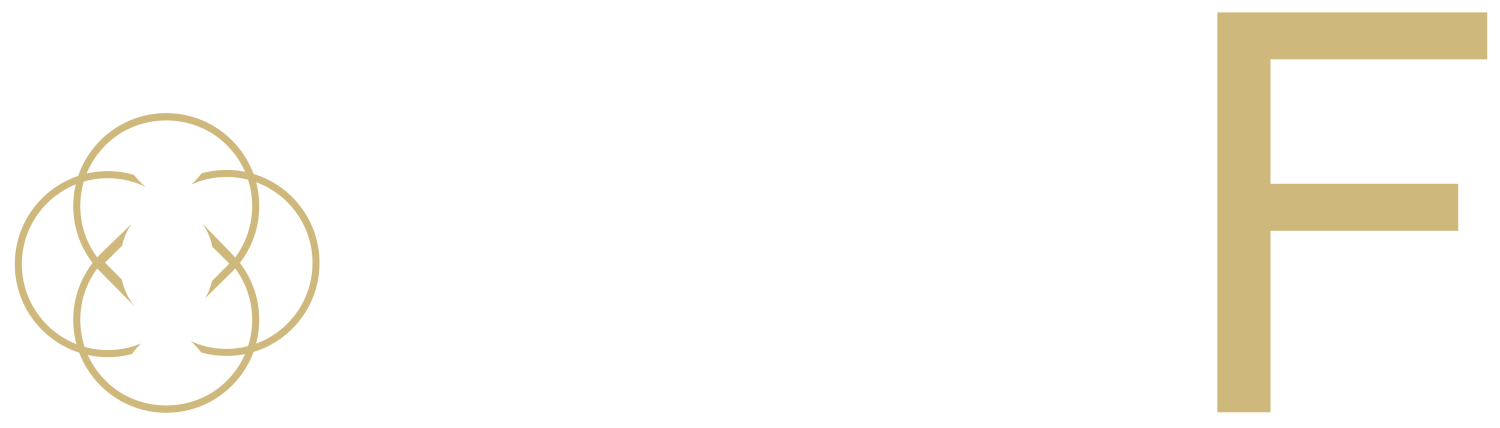 On the left, interlocking gold rings in gold with white double helix overlayed next to the word "BioF" with Bio in white and F in gold on the right