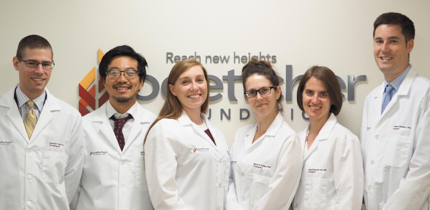 CU’s 2018 Boettcher Investigators, from left, David H. Root, Edward Chuong, Kathleen M. Gavin, Eszter K. Vladar, Jean M. Mulcahy Levy and Matthew Taliaferro.