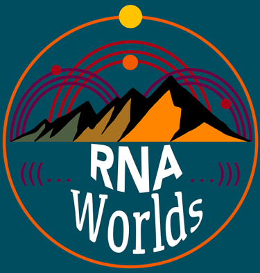 The words "RNA Worlds" in white and an illustration of the Flatirons mountains in shades of orange and green with three sets of triple arcs in shades of red and purple behind them on a teal background