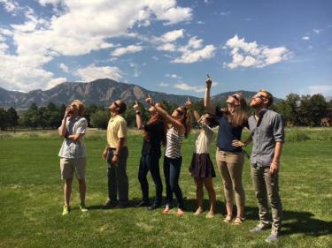 Class of 2017 IQ Biology PhD Students gather to see the eclipse during their Orientation Bootcamp Coding Week at BioFrontiers Institute.