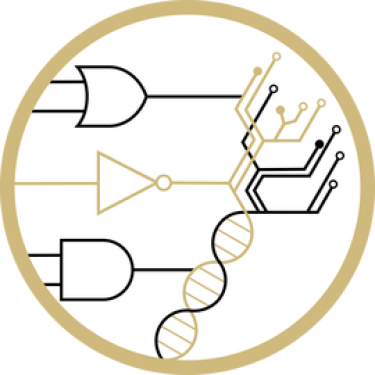 A black and gold illustration of DNA and a circuit