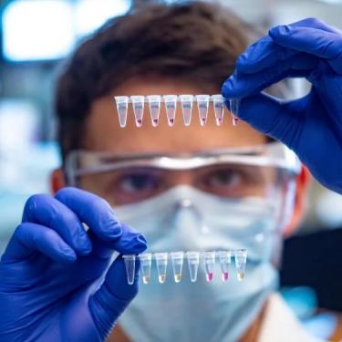 A scientist looking at multicolor samples