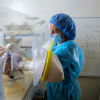 Scientist wearing PPE and working with gloved arms inserted into of a sterile environment