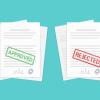 Two illustrations of manuscripts, one stamped "Approved" and one stamped "Rejected" on an aqua colored background