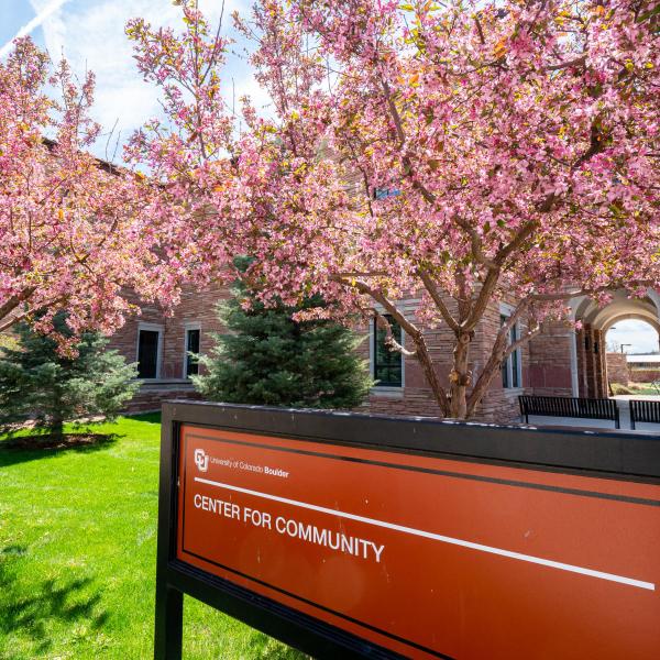 Center for Community sign with flowering trees