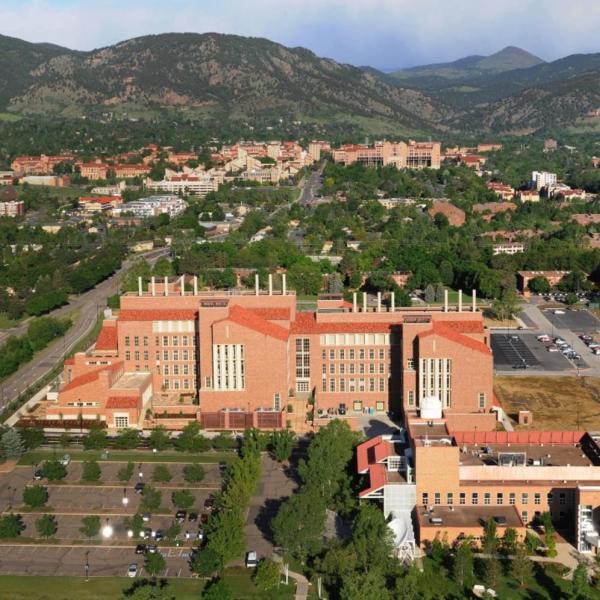 Aerial image of the Jennie Caruthers Biotechnology Building on the CU-Boulder campus