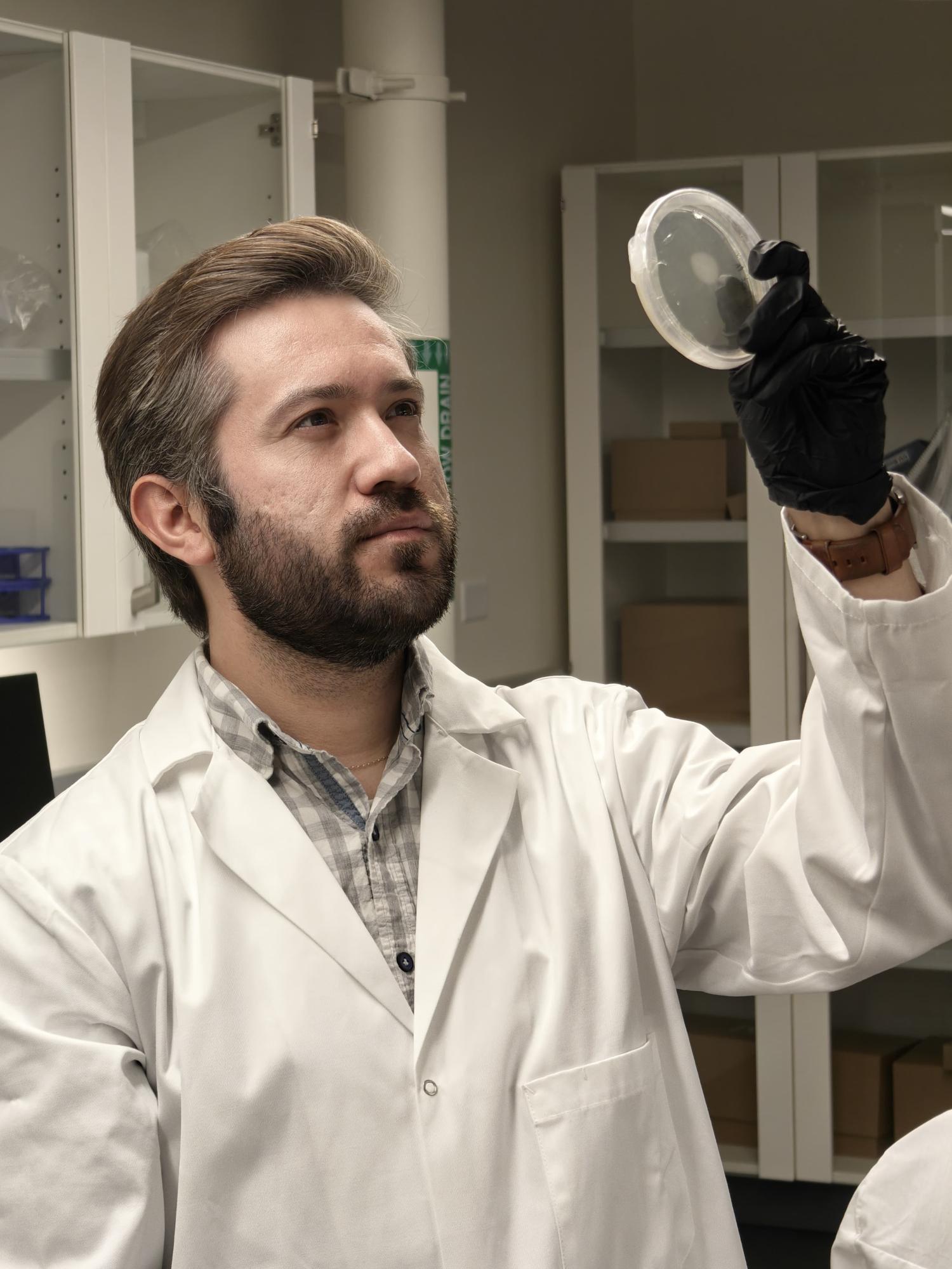 Student in the lab examining lab materials