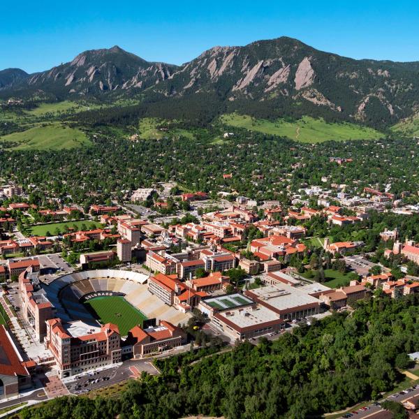 CU Boulder aerial - campus and flatirons