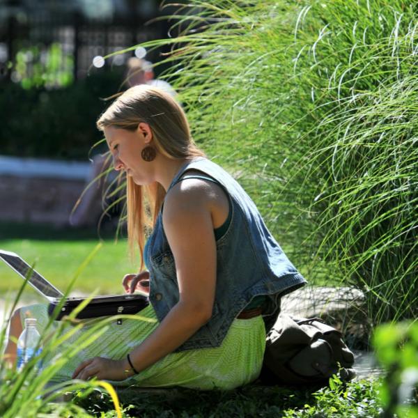 A student studies on Farrand Field. Telephoto lenses are good at compressing elements and making backgrounds go out of focus. Here also is the backlighting technique for more pleasing full-sun photos.