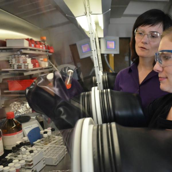 Student and faculty work together in a chemistry lab. Get close to allow the audience to feel as if they are in the situation you are photographing.