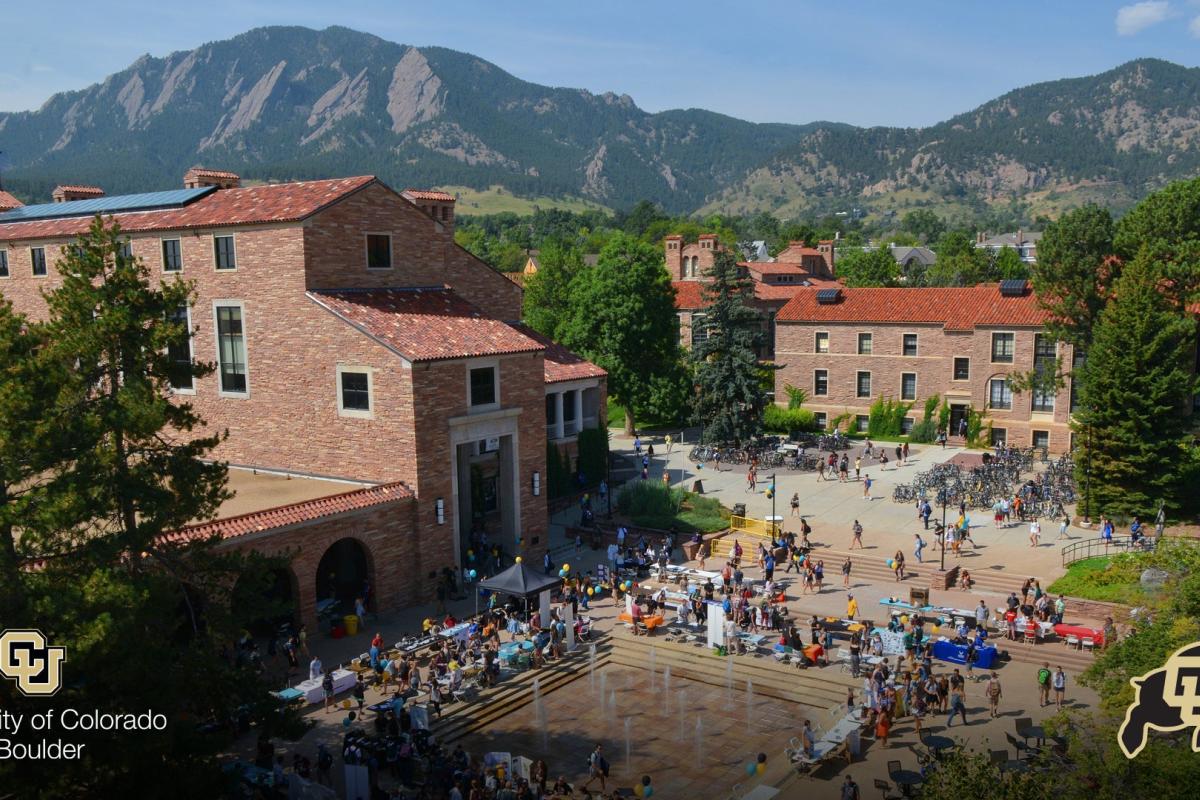 Aerial of the Dalton Trumbo fountain at the UMC with students