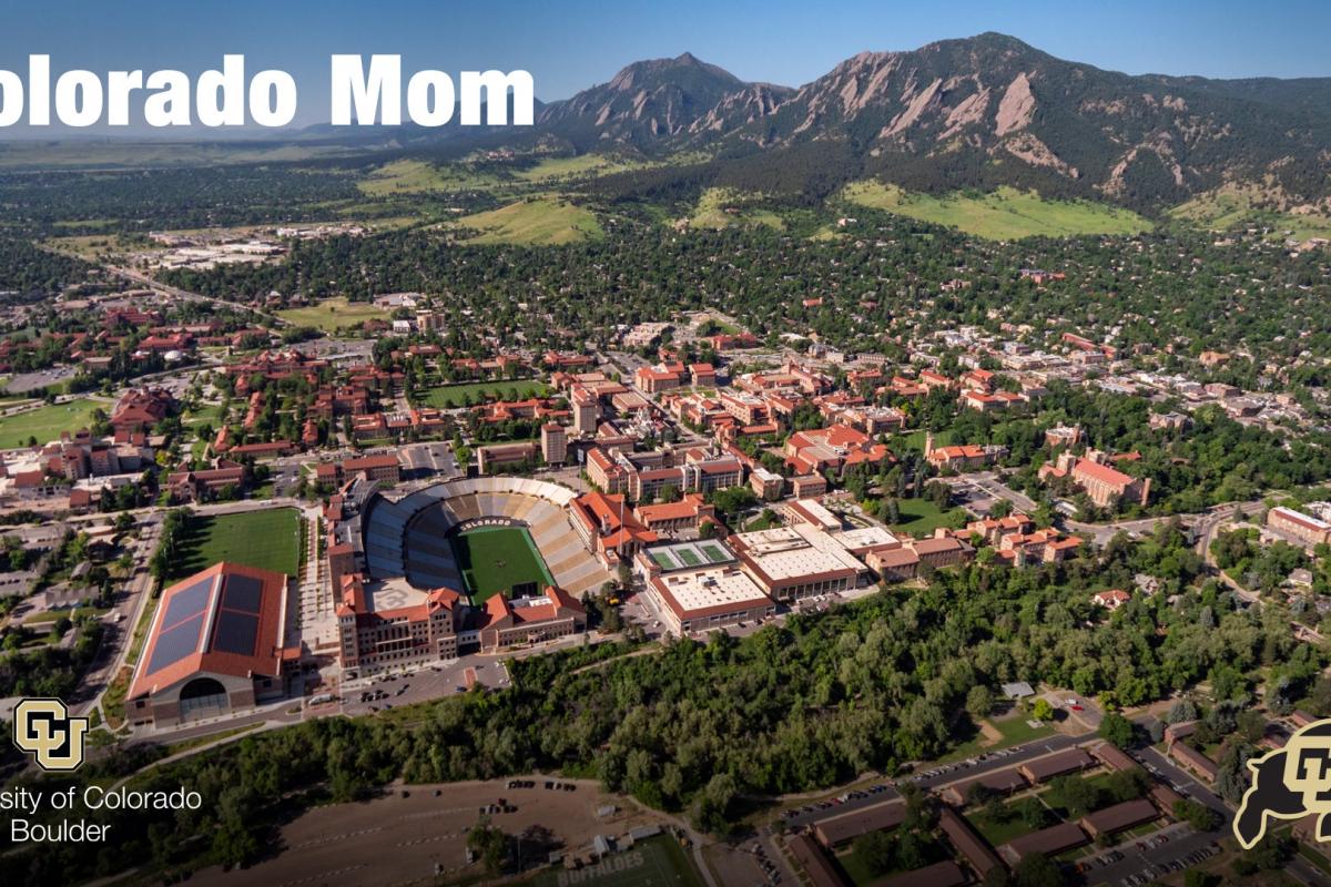 Aerial shot of campus with wording "Colorado Mom"
