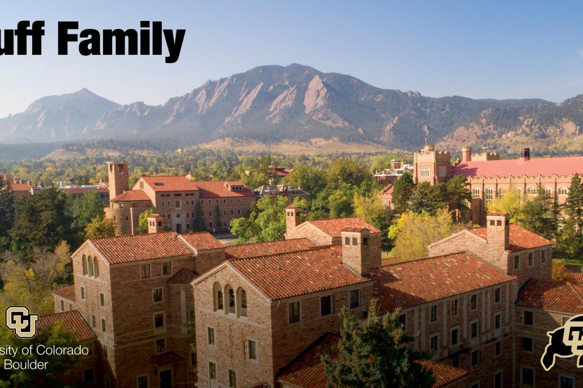 Aerial shot of campus with wording "Buff Family"