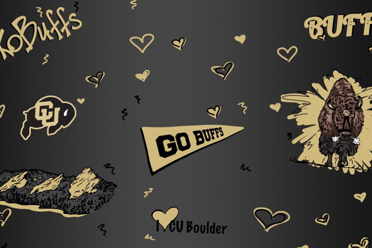 Drawing of elements from campus - flatirons, Ralphie, hearts, "sko buffs" on a black background