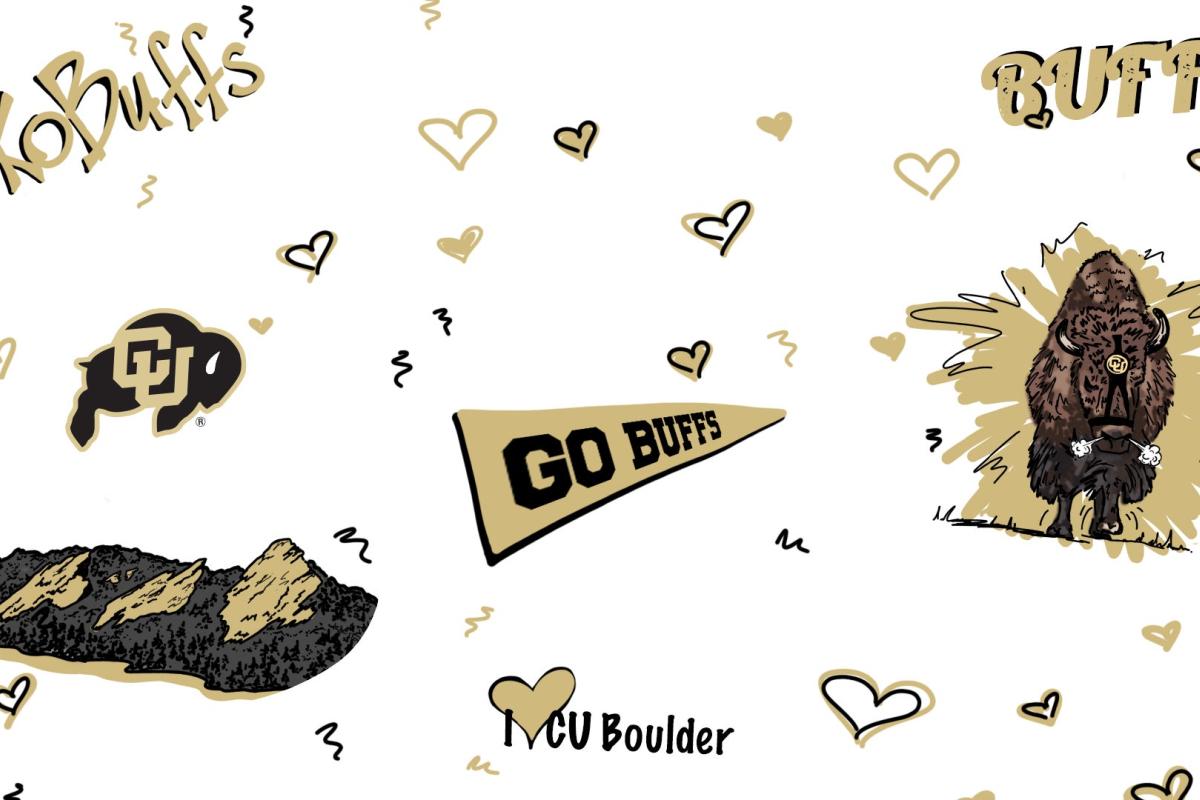 Drawing of elements from campus - flatirons, Ralphie, hearts, "sko buffs" on a white background