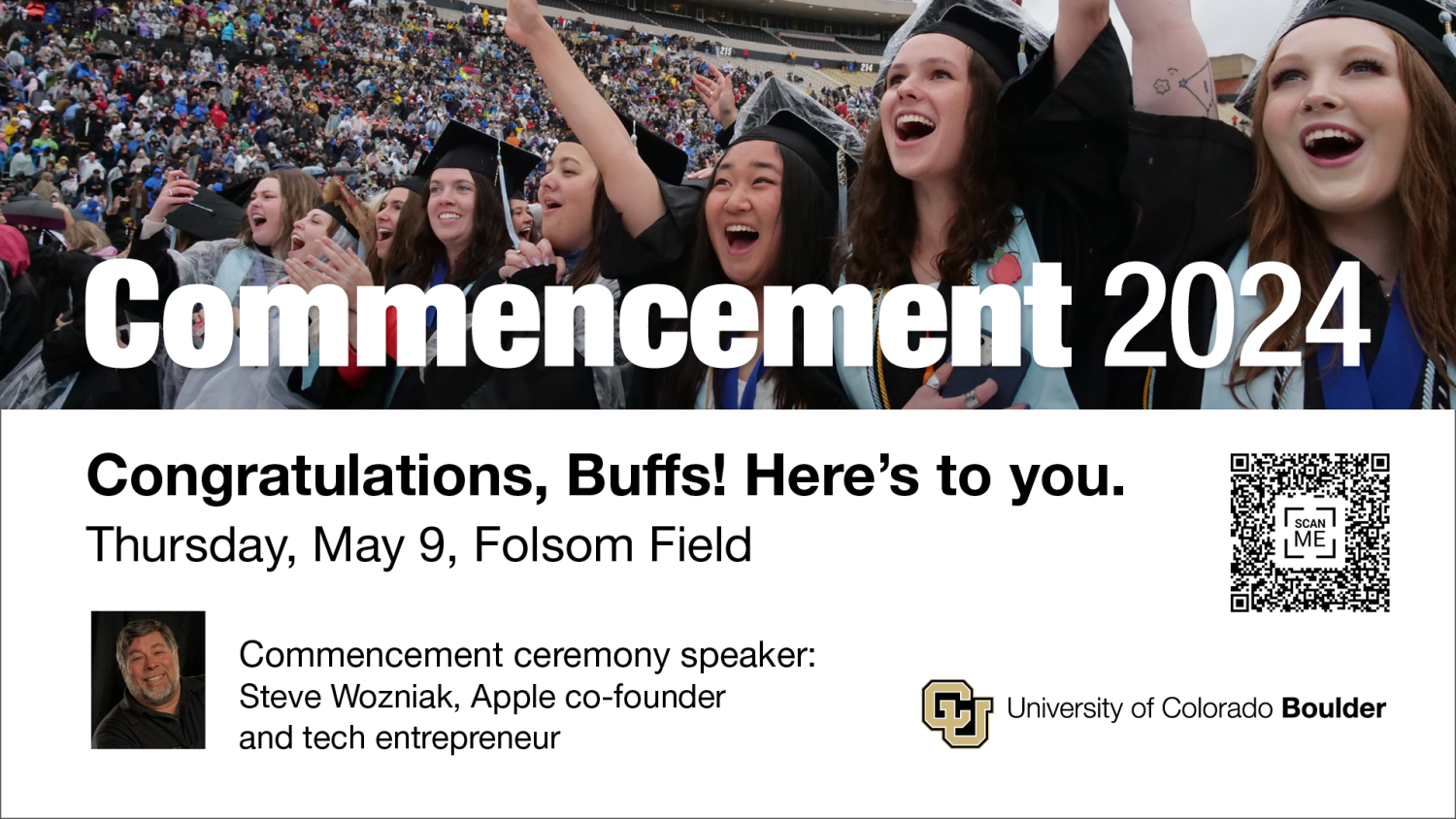 Digital sign promoting Commencement 2024 with grads cheering
