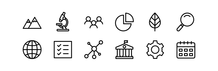 Graphics of icons outlined by a line and unfilled.