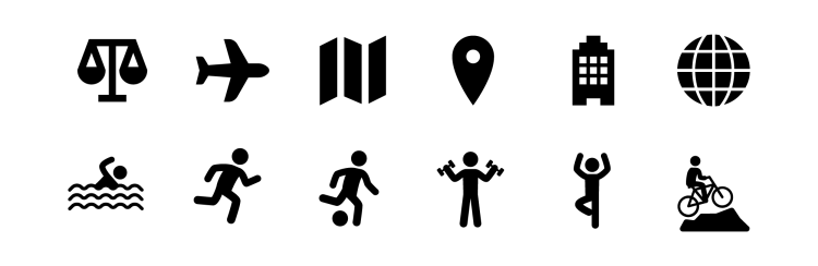 Graphics of icons outlined by a line and unfilled.