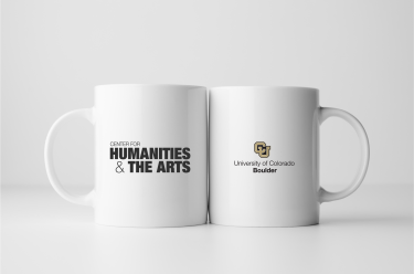 Front and back of a mug that has "Center for Humanities and the Arts" type treatment on one side and one line CU Boulder lock up on the other