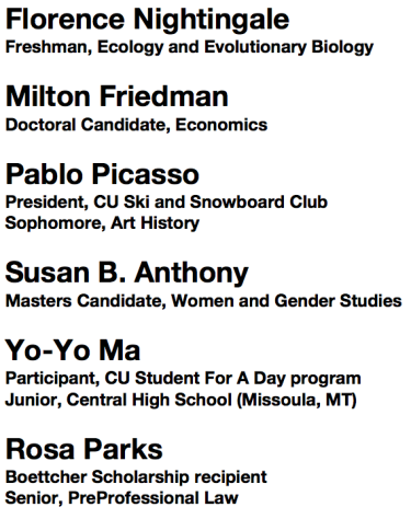 Video branding example listing 6 people's names and titles: 1. Florence Nightingale, Freshman, Ecology and Evolutionary Biology; 2. Milton Friedman, Doctoral Candidate, Economics; 3. Pablo Picasso, President, CU Ski and Snowboard Club, Sophomore, Art History; 4. Susan B. Anthony, Masters Candidate, Women and Gender Studies; 5. Yo-Yo Ma, Participant, CU Student For A Day program, Junior, Central High School (Missoula, MT); 6. Rosa Parks, Botcher Scholarship recipient, Senior, PreProfessional Law