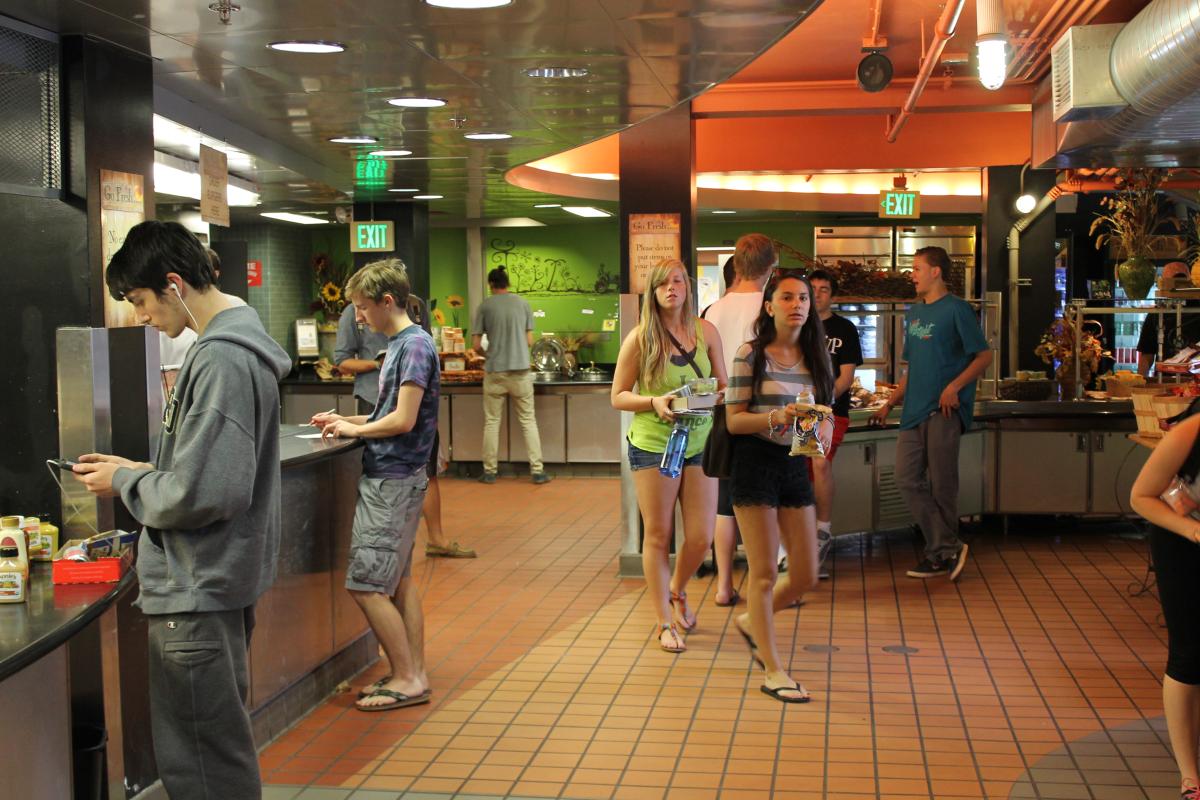 students walking towards checkout area carrying food