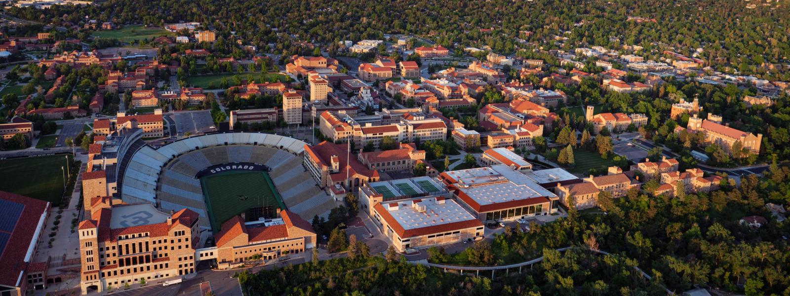 Aerial shot of campus including football stadium