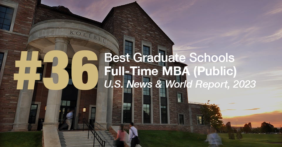 Students enter the Koelbel Building at sunset. A text overlay indicates the new graduate rankings for Leeds among public schools.