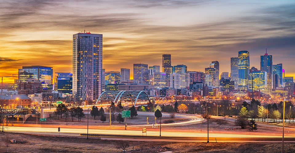 Denver at sunrise on an overcast morning.