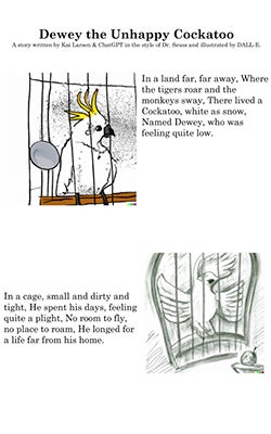 A page from Kai's story about Dewey the cockatoo.