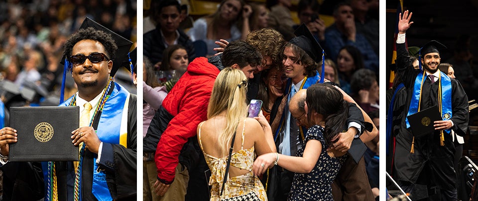 A collage of photos showing graduates celebrating with families and holding their diplomas.