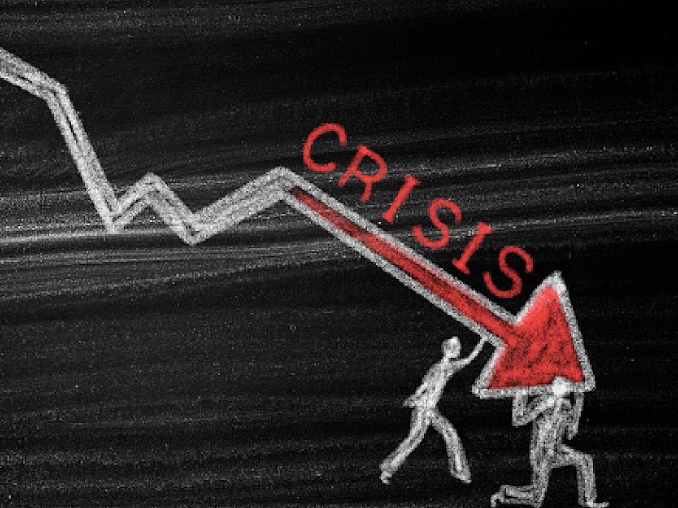 Sketch of a downward arrow with test the reads "crisis"