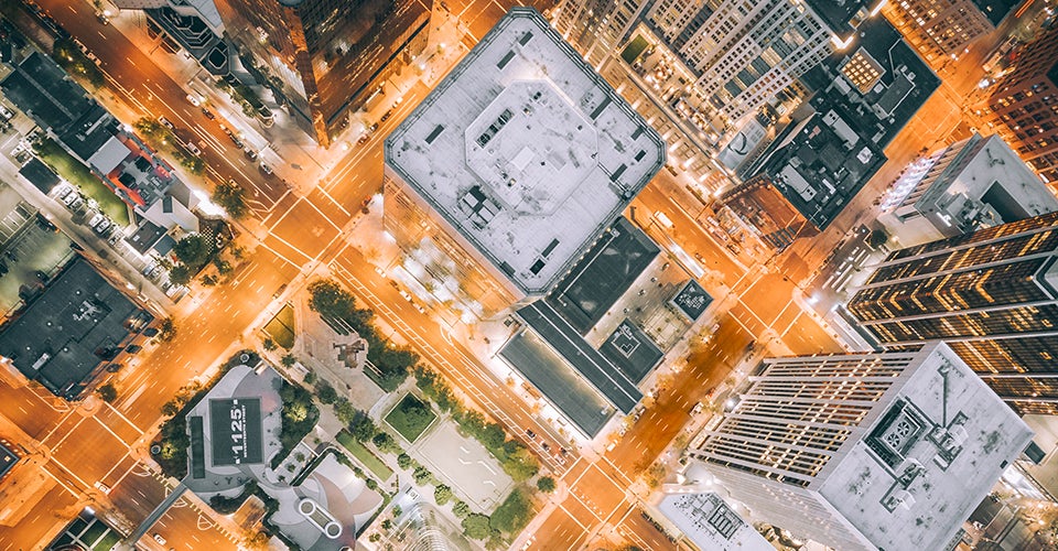 Downtown Denver's business district as seen from above.