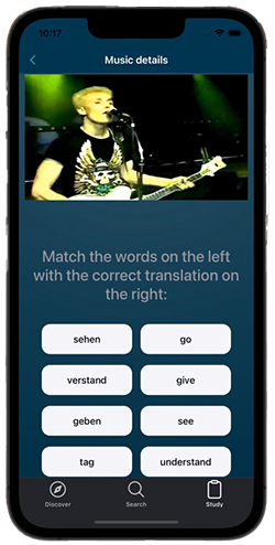 LingoDisco application open on a smartphone showing a picture of an artist with text below asking the user to match words