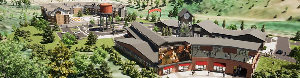 A rendering of Meadow Station, including the four new buildings the team designed for the site.