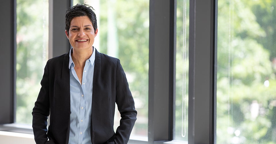 Yonca Ertimur poses for a portrait in the new Rustandy Building at CU Boulder.