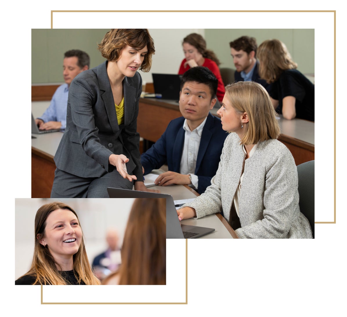 Students talking to professor in classroom and a student networking