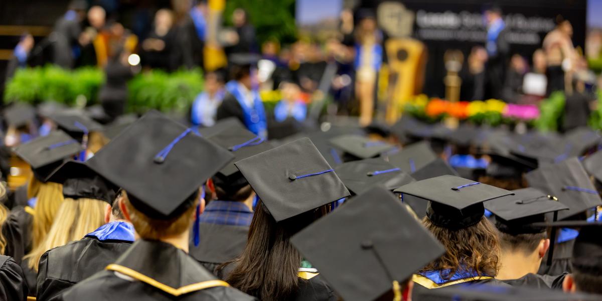 Graduates sit at graduation ceremony, their caps visible